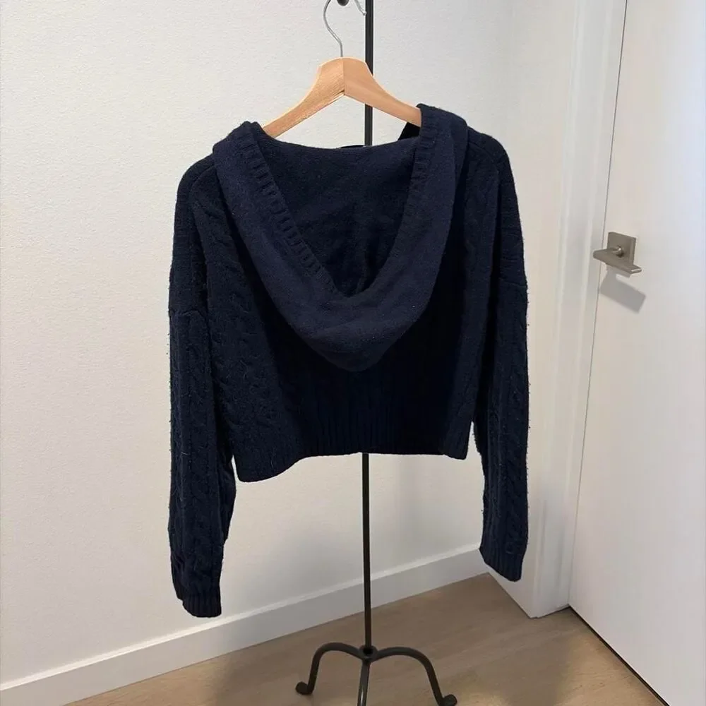 Aritzia Sunday Best Merino Wool Cable Knit Hooded Cropped Sweater Navy